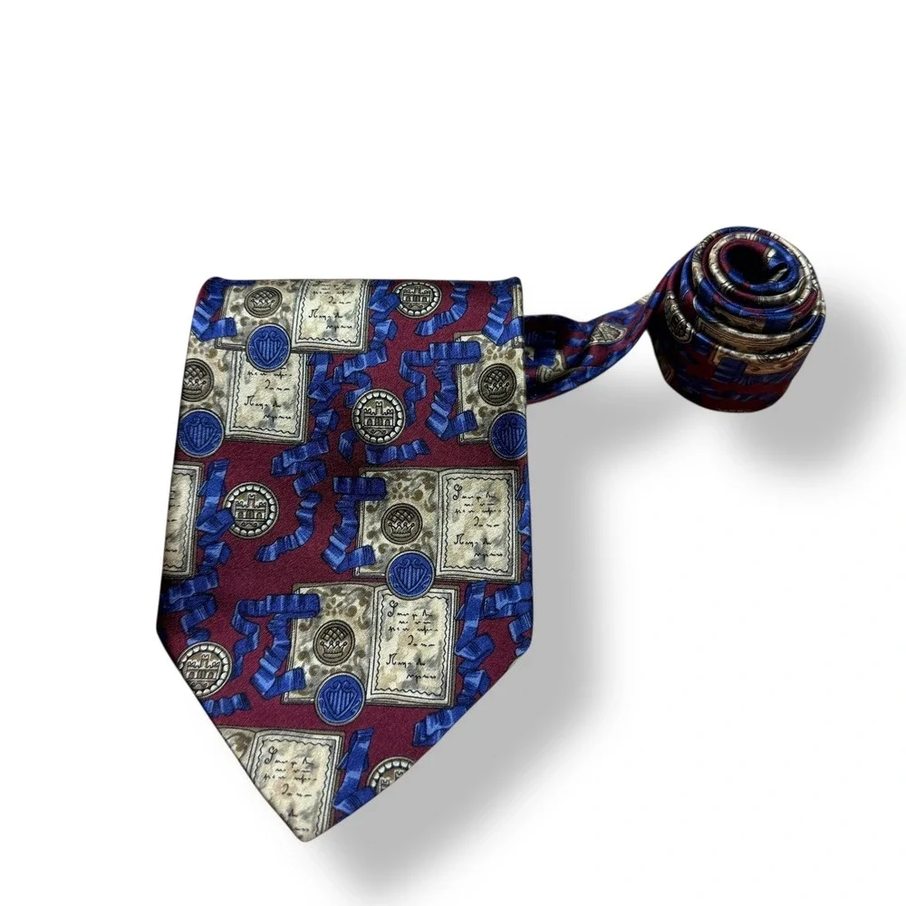 Kieselstein Cord Burgundy Blue Geometric Silk Mens Necktie Made in Italy 3.75x57